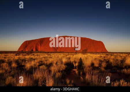 Uluru aux couleurs chaudes juste devant le coucher du soleil dans l'Outback australien, Uluru, territoire du Nord, Australie Banque D'Images