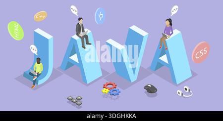 Illustration vectorielle plate isométrique 3D de Java, publicité pour langage de programmation spécial et plate-forme informatique Banque D'Images