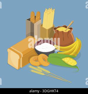 Illustration vectorielle plate isométrique 3D des glucides, des aliments sains Banque D'Images