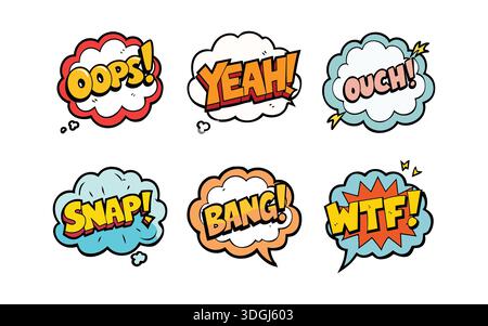 Bulles de discours de bande dessinée vibrantes avec des expressions dynamiques Illustration de Vecteur