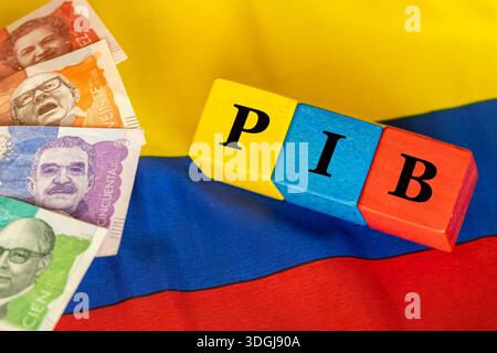Le mot PIB Producto Interior Bruto (produit intérieur brut) écrit sur des cubes de bois avec de l'argent en pesos colombien en jaune, lue et drapeau rouge de Colomb Banque D'Images