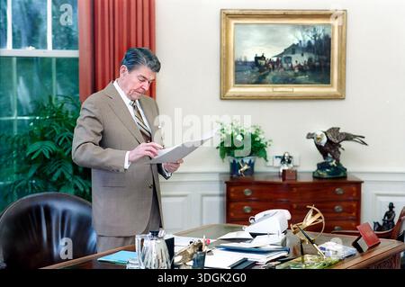 Président américain Ronald Reagan travaillant à son bureau, White House Oval Office, Washington, D.C. (États-Unis), Président Ronald Reagan White House Photographic Office, 13 juillet 1988 Banque D'Images
