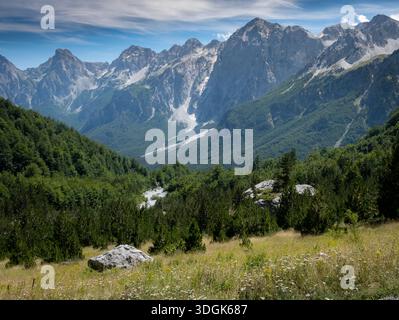Les impressionnants pics calcaires des montagnes Micsed s'élèvent au-dessus de pentes boisées verdoyantes et d'une prairie pleine de fleurs sauvages dans la vallée de Valbona Banque D'Images