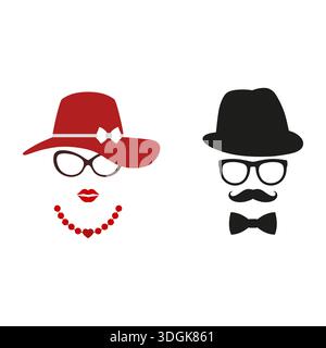 Icône de visage masculin et féminin dans le chapeau et les lunettes sur fond blanc. Profil d'avatar homme et femme dans un design plat. Illustration de Vecteur