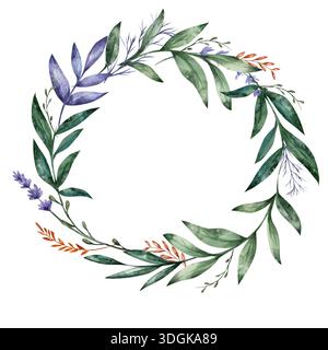 Délicate couronne circulaire d'aquarelle avec des feuilles vertes, des fleurs violettes et des accents oranges subtils, isolé sur fond blanc, idéal pour les logos botaniques, les invitations de mariage et les étiquettes.espace pour le texte. Banque D'Images