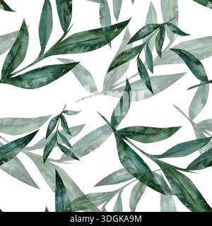 Motif aquarelle sans couture avec des brindilles vertes sur un fond blanc, dessiné à la main. Illustration botanique pour papier peint, emballage, textiles, tissus Banque D'Images