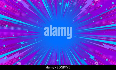 Burst Abstract Pop Art Comic Vector fond avec Neon Blue Speed Lines Dynamic Rays, Violet demi-teinte texture, Stars Lightning Bolts. Modèle d'explosion accrocheur. Effets Manga gras haute énergie Illustration de Vecteur