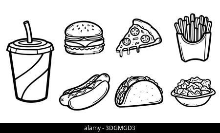 Une collection complète de vecteur d'art de ligne minimaliste d'articles de restauration rapide populaires. Illustration de Vecteur
