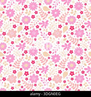 Modèle sans couture avec de minuscules fleurs rouges et roses dessinées à la main. Fond floral pour textiles, pépinière et papier d'emballage. Illustration de Vecteur