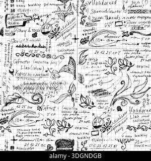 Noir et blanc Vintage Notes manuscrites Vector Seamless Pattern avec abstrait Doodle Floral Scribbles et textes Word, cahier d'exercices de l'étudiant de style esquisse Illustration de Vecteur