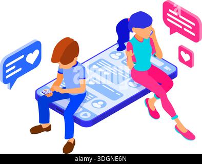 isométrique guy et fille chat dans les réseaux sociaux envoyer des messages photo selfie appel à l'aide de smartphone. Rencontres en ligne amour amitié relations virtuelles. Illustration de Vecteur