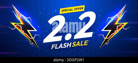 Bannière dynamique de vente Flash 2,2 avec des éclairs. Un design promotionnel dynamique pour des offres spéciales. Illustration vectorielle. Illustration de Vecteur