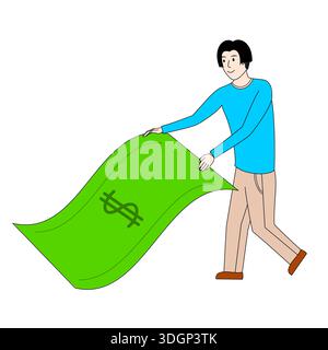 Un homme tient un gros argent dessus. Il s'en va avec le projet de loi Illustration de Vecteur