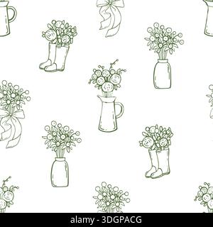 Cottagecore modèle sans couture avec coquette dessiné à la main doodles. Design d'élégance de jardinage. Imprimé cotagecore vintage pour le tissu Illustration de Vecteur