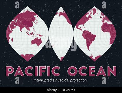 Océan Pacifique. Carte du monde. Projection sinusoïdale interrompue centrée sur l'océan Pacifique. Palette Pink foncé menthe pâle. Texture vintage. Illustration de Vecteur