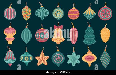 Décoration de Noël. Jouet suspendu simple plat de vacances avec ensemble d'ornement, jouets rétro vintage de Noël ou noël dans des couleurs vives. Célébration des ballons cadeau traditionnel. Illustration isolée de dessin animé vectoriel Illustration de Vecteur