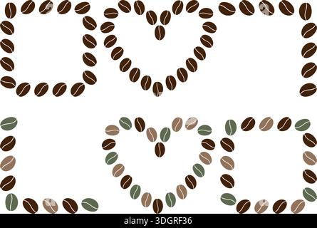 Coin carré et bordure de cadre en forme de coeur en grains de café Copier espace modèle Flat design Set. Illustration vectorielle isolée contenu lié au café exemple de publication de médias sociaux bannière, dépliant, étiquette Illustration de Vecteur