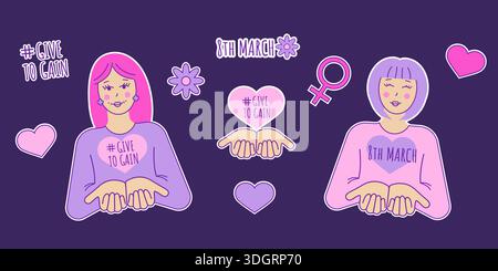 Ensemble vectoriel d'autocollants de ligne de dessin animé dessinés à la main pour la Journée internationale de la femme 2026. Donner pour gagner. Illustration de Vecteur