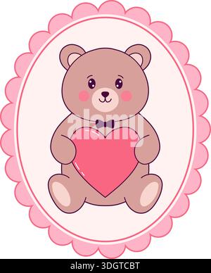 Mignon ours en peluche brun tenant un coeur rose à l'intérieur d'un cadre ovale festonné. Illustration de Vecteur
