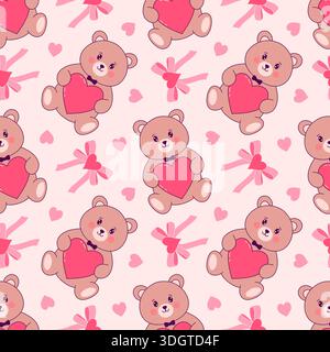 Mignon ours en peluche modèle sans couture avec des coeurs et des arcs. Design pastel pour la Saint-Valentin, les douches de bébé ou les imprimés textiles. Illustration de Vecteur