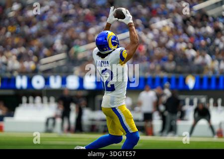 Le receveur du Wide des Rams de Los Angeles Puka Nacua (12 ans) lors d'un match de la NFL contre les Texans de Houston, dimanche 7 septembre 2025 à Inglewood, Calif. Le Los Angeles Banque D'Images