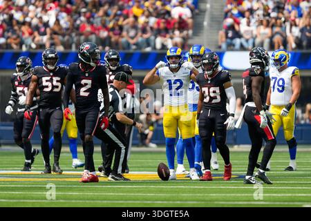 Le receveur du Wide des Rams de Los Angeles Puka Nacua (12 ans) lors d'un match de la NFL contre les Texans de Houston, dimanche 7 septembre 2025 à Inglewood, Calif. Le Los Angeles Banque D'Images