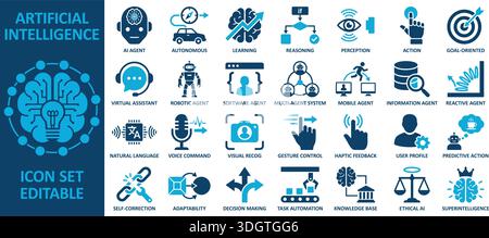 Jeu d'icônes modifiables illustrant les outils et concepts d'intelligence artificielle, y compris l'apprentissage et l'automatisation, idéal pour les présentations techniques. Illustration de Vecteur