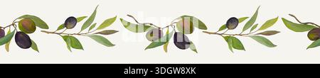 Bordure d'aquarelle horizontale sans couture faite de branches d'oliviers avec des olives vertes et noires. Illustration botanique peinte à la main conçue pour le continu Banque D'Images