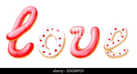 Illustrations aquarelles et inscriptions sur le thème de l'amour, sous forme de biscuits en pain d'épices pour la Saint-Valentin.dessinés à la main à l'aquarelle, Banque D'Images