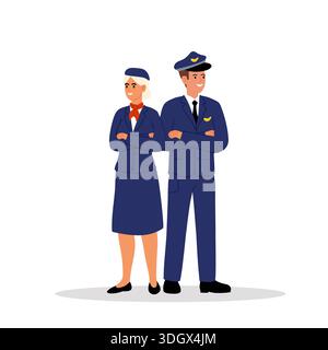 Équipage de conduite. Pilote et hôtesse debout à pleine hauteur. Homme et femme amicaux et souriants en costumes bleus. Illustration vectorielle plate. Illustration de Vecteur