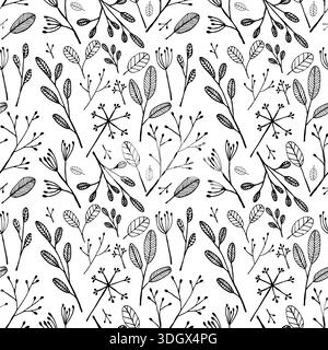 L'illustration présente une variété de feuilles et de fleurs noires et blanches, de baies dans un motif répétitif pour papier peint. Illustration de Vecteur
