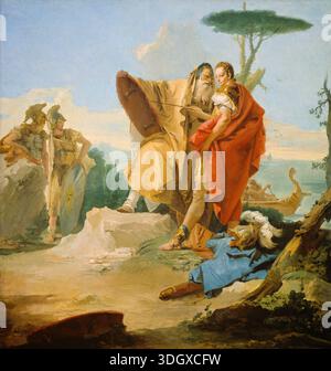 Rinaldo et le Magus d'Ascalon par Giambattista Tiepolo, 1742/45, un chevalier et un vieux magicien se tiennent près de la côte avec deux soldats et un bateau en arrière-plan Banque D'Images