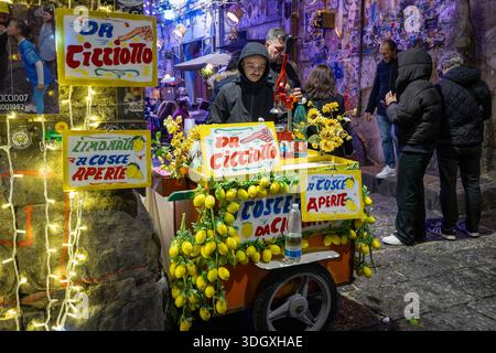 Naples, Italie - 26 décembre 2025 : un jeune vendeur prépare une limonade fraîche au célèbre kiosque « Da Cicciotto ». Le stand, décoré de citrons frais Banque D'Images