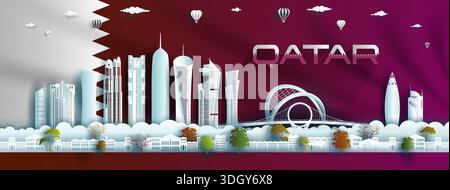 Illustration anniversaire célébration heureuse indépendance qatar jour en arrière-plan qatar drapeau, voyage monuments architecture du qatar dans la ville de doha avec p Illustration de Vecteur