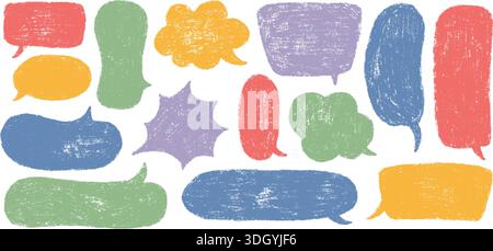 Ensemble de bulles de crayon. Colorer les blocs de texte. Boîte de dialogue bande dessinée au pastel dessinée à la main. Bulle de texte à texture craie. Infobulle de discussion. Forme de nuage. Vecteur Illustration de Vecteur