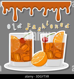 Illustration sur le thème du beau cocktail d'alcool à l'ancienne, lumineux à l'ancienne composé de tasse en verre plein avec cocktail transparent et petit Illustration de Vecteur