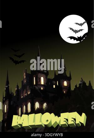 Le château effrayant se tient sur une colline avec des lumières dans ses fenêtres pour la nuit d'halloween Illustration de Vecteur