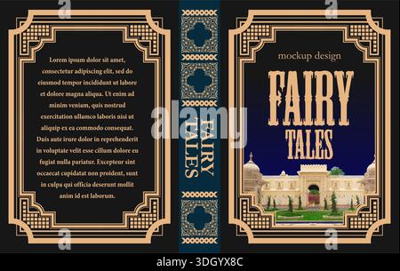 Couverture de livre ornée d'un palais orné niché dans un cadre sophistiqué sur un ciel nocturne bleu foncé Illustration de Vecteur