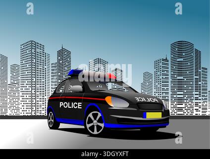 Voiture de police moderne debout dans un centre-ville avec des gratte-ciel en arrière-plan Illustration de Vecteur