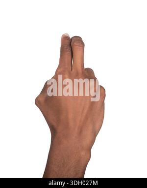 Main avec l'index et le majeur maintenus fermement ensemble dans un geste vertical, symbole d'expression, de direction et de mouvement minimal. Isolé sur blanc b Banque D'Images