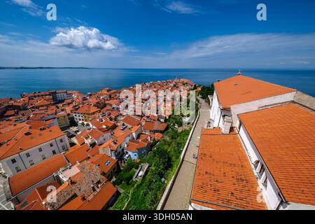 Vue panoramique sur les toits de tuiles rouges, le côté de l'église paroissiale George's et la côte qui s'étend au loin. Banque D'Images
