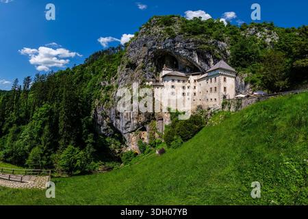 Vue panoramique sur le château de Predjama construit dans une grotte à flanc de falaise entourée d'une végétation luxuriante. Banque D'Images