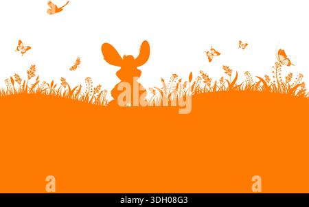 Silhouette de Pâques avec lapin, herbe, fleur et papillon, vecteur isolé sur fond blanc Illustration de Vecteur
