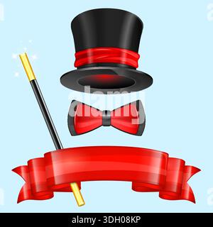 Chapeau de magicien avec baguette de magicien, noeud papillon et ruban, icône vectorielle Illustration de Vecteur