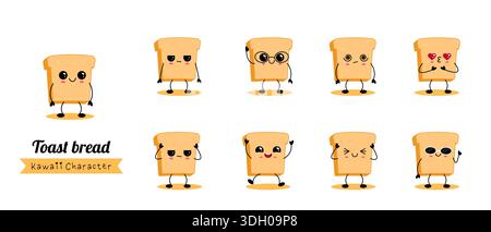 Ensemble d'émotions de personnage de pain grillé Kawaii Illustration de Vecteur