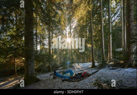 Femme se relaxant dans un hamac dans une forêt d'hiver calme, appréciant le silence que les rayons chauds du soleil filtrent à travers les arbres, créant un calme et conscient Banque D'Images