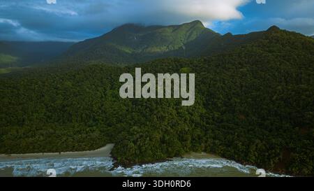 Vue aérienne de l'endroit où la forêt tropicale luxuriante et dense rencontre la plage de sable et l'océan mousseux sous un ciel spectaculaire, Cape Tribulation, Queensland, Australie. Banque D'Images