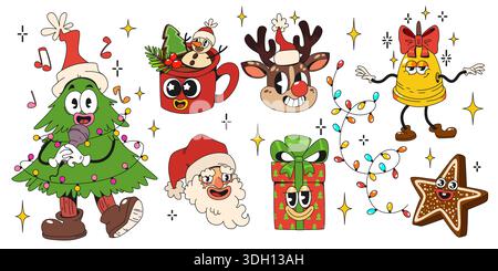 Personnages de Noël comiques ensemble isolé sur fond blanc. Illustration vectorielle de dessin animé d'arbre de Noël groovy, Père Noël, pain d'épice, bonhomme de neige, cerf, mascottes de boîte cadeau avec des visages, des symboles de vacances Illustration de Vecteur