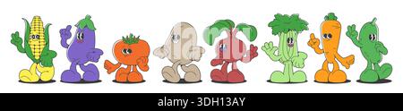Personnages de mascotte végétale de dessin animé rétro avec style d'autocollant vintage groovy - maïs avec aubergine, tomate et pomme de terre, betterave avec céleri, carotte et concombre. Nourriture drôle dans des couleurs vibrantes. Illustration de Vecteur