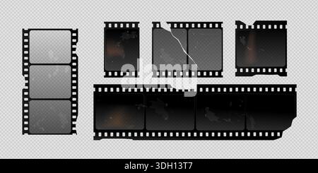 Bandes de film vintage déchiré ensemble isolé sur fond transparent. Illustration réaliste vectorielle de vieilles photos ou cadres de film avec des bords endommagés, des bordures de caméra rétro, bande de film noir, réalisation de films de cinéma Illustration de Vecteur